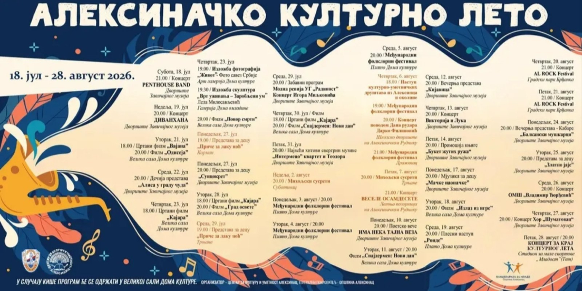 Алексиначко културно лето 2026: Више од месец дана богатог културно-уметничког програма